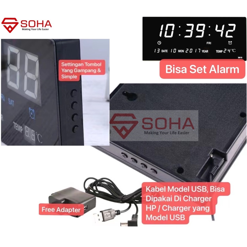 JD- 3615 Jam Digital LED Clock Dinding / jam Meja digital Fitur Kalender Alarm Weker Smart Watch &amp;Tampilan; Jela