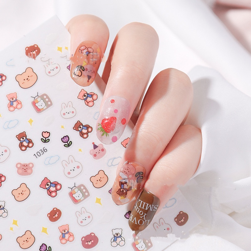 1 Pc Stiker Kuku Motif Kartun Hewan Beruang Warna-Warni Untuk Nail Art