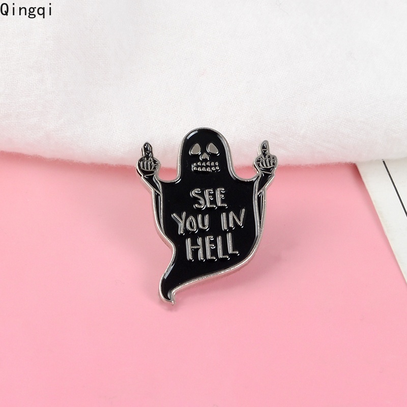 See You In Hell Bros Pin Enamel Desain Hantu Jari Tengah Tema Halloween