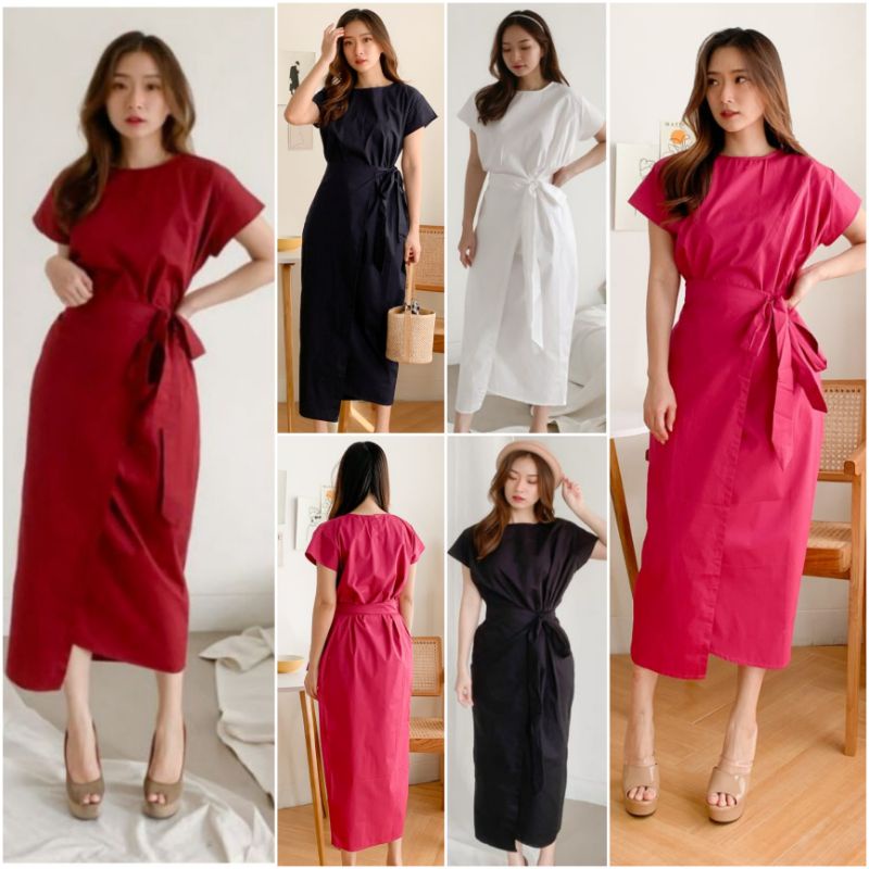 ❣️ SPECIAL PRICE ♡ PREMIUM ♡ ORIGINAL ! SNOWIE PLAIN APPRON WRAP SIDE TIED MIDI DRESS