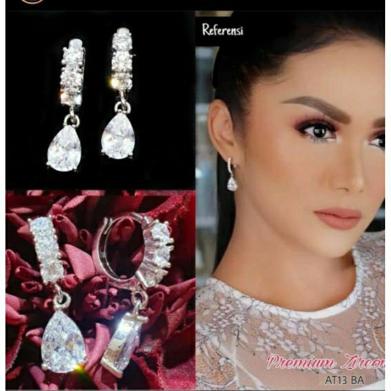 Anting Klip Gantung Permata Tanam Titanium Anti Karat