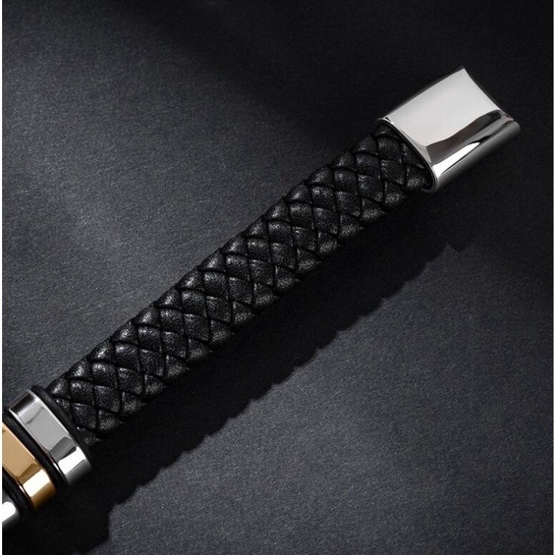 [Z H Jewelry] Hip Hop Rock Retro Pria Fashion Gelang Kulit Stainless Steel Perhiasan Aksesoris