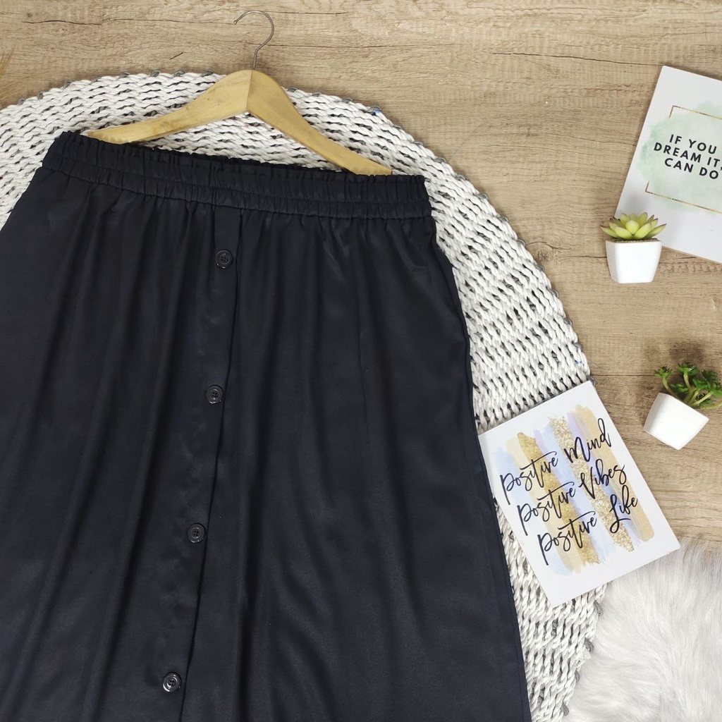 ROK SUPER JUMBO 100KG KE ATAS BUTTONSKIRT BIGSIZE - BISA COD - BUMIL - BAHAM ADEM GAK NERAWANG-HITAM