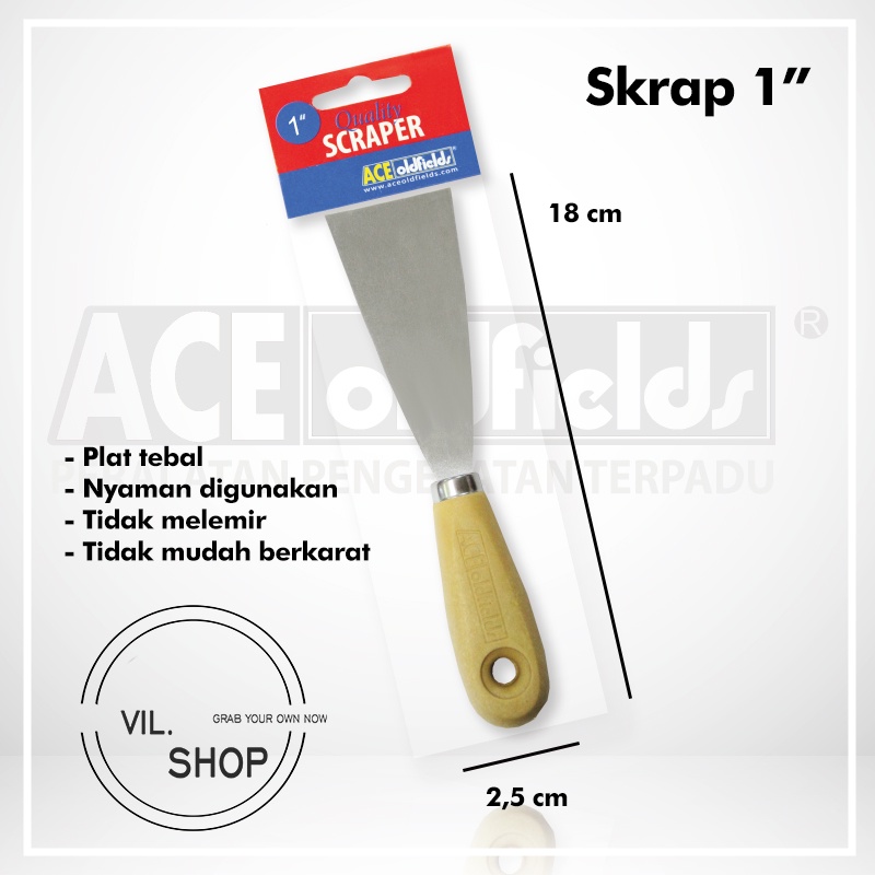 KAPE SKRAP 1" 1 INCH ACE OLDFIELDS SCRAPER SEKRAP 1 INCI PLAT STAINLESS STEEL BESI TEBAL GAGANG KAYU