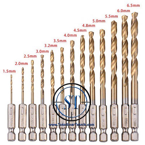 13 Pcs Mata Bor Drill Bit Set Quick Change Hex HSS Titanium Coated Plated 1.5-6.5mm 1/4&quot; Ulir Shank Hexagonal Handle Set 13 Buah