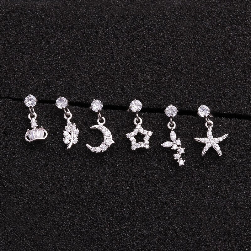 1pc Anting Stud Tindik Tulang Rawan Bentuk Bintang Bulan Mahkota Helix Untuk Wanita