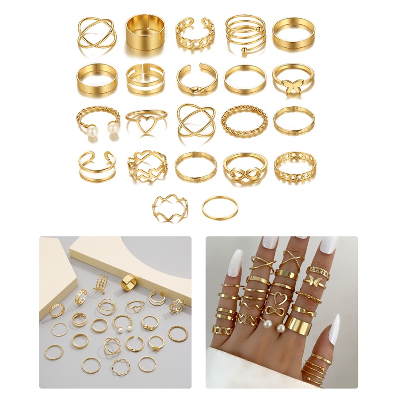 22pcs / Set Cincin Emas Desain Bintang Hias Mutiara Gaya Retro Untuk Wanita