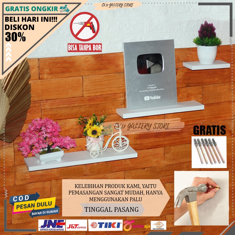 Rak Papan Tak Hiasan Ambalan Hambalan Tempat penyimpanan Bunga Buku Alquran Kosmetik makeup Make up Bumbu Dapur Dekorasi Dinding Dingding Tembok Tempel 3 PCS Ruang Tamu Kamar Tidur Cowok Kayu Susun Minimalis Serbaguna Tanpa Bor Murah Mewah 10CM