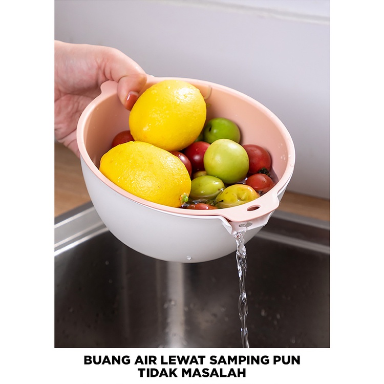 Mangkok Baskom Saringan Ganda Cuci Buah Sayur Drain Basket