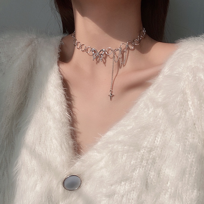 Kalung Choker Rantai Klavikula Desain Kupu-Kupu Gaya Punk Gothic Hip Hop Untuk Perhiasan Wanita