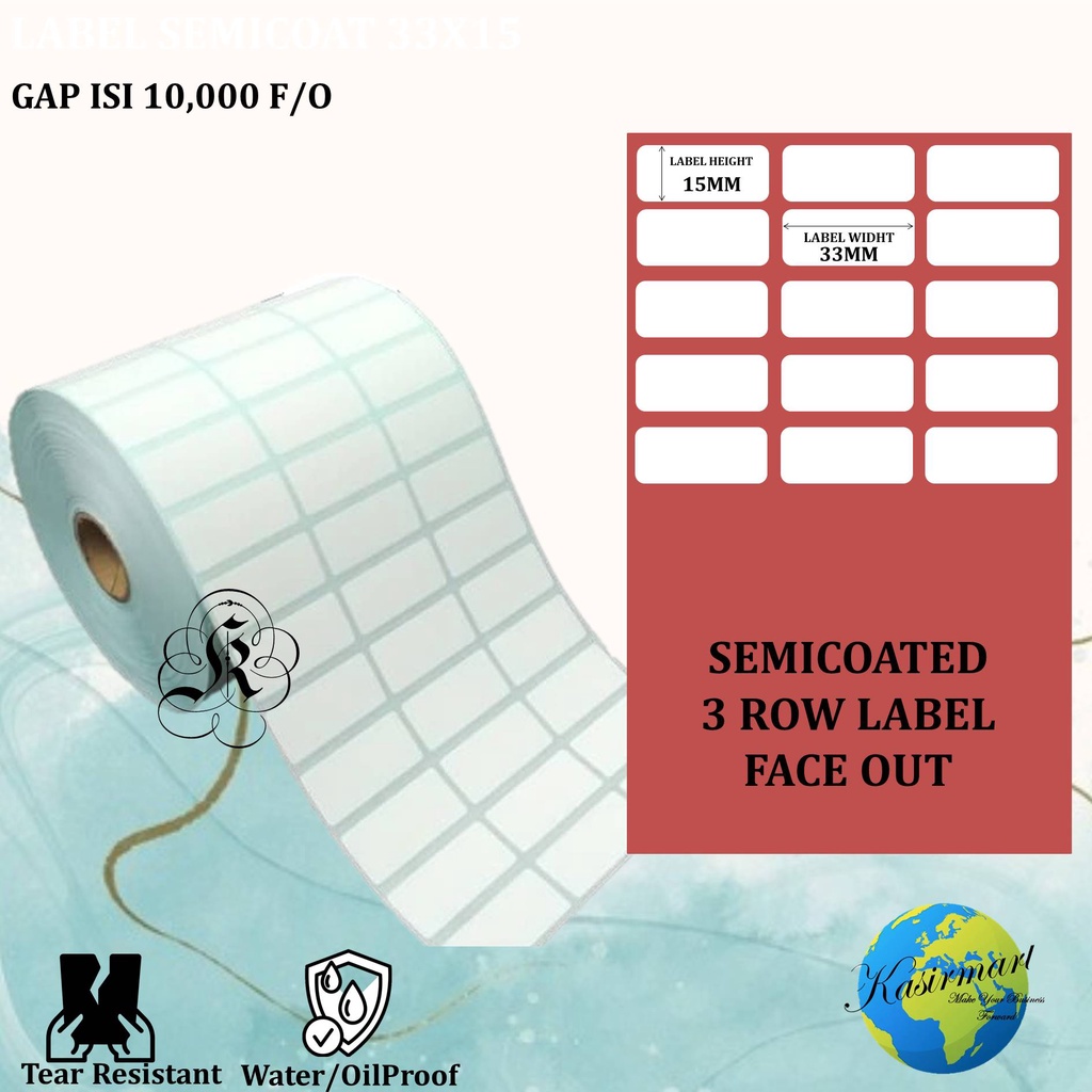 LABEL STICKER BARCODE 33x15 SEMICOAT (3 LINES isi 10.000PCS) CORE 1&quot; GAP/NON GAP FACE IN/FACE OUT C168/CP2140/GT820