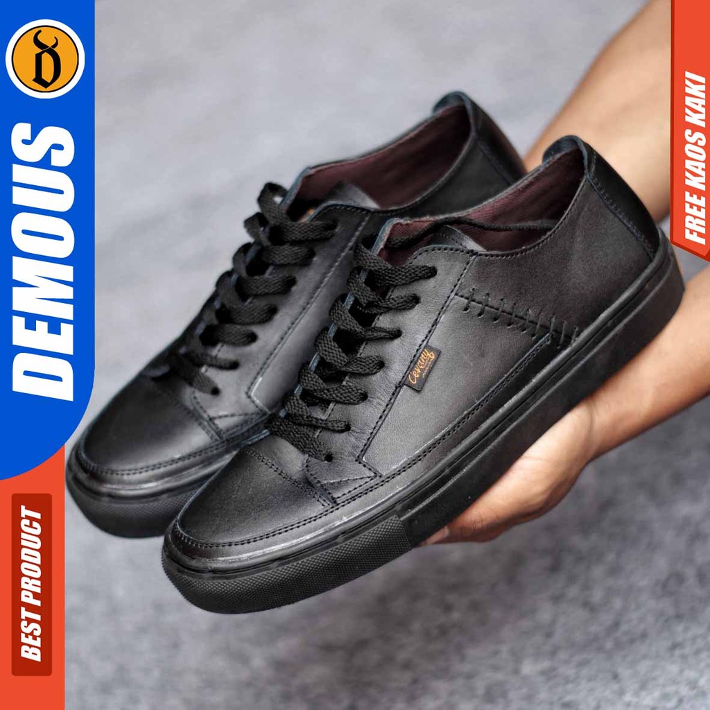 Sepatu Sneakers Casual Pria Kulit Asli Kerja Hitam Demous Dante Low