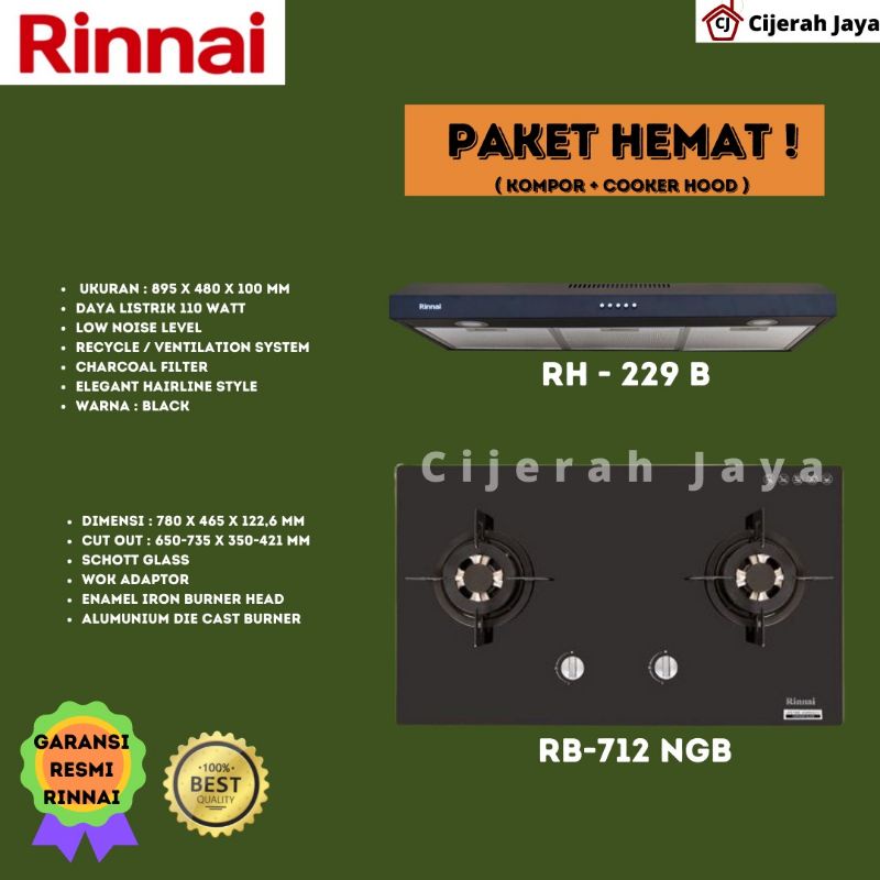 RINNAI PAKET KOMPOR GAS TANAM 2 TUNGKU RINNAI RB 712 NGB RB712NGB + COOKER HOOD RINNAI RB 229B