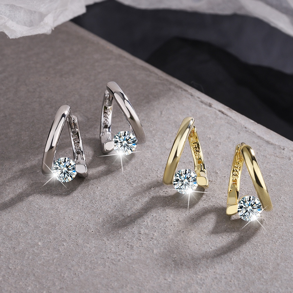 Anting Stud Zircon Kristal Warna Emas Silver Gaya Korea Untuk Wanita