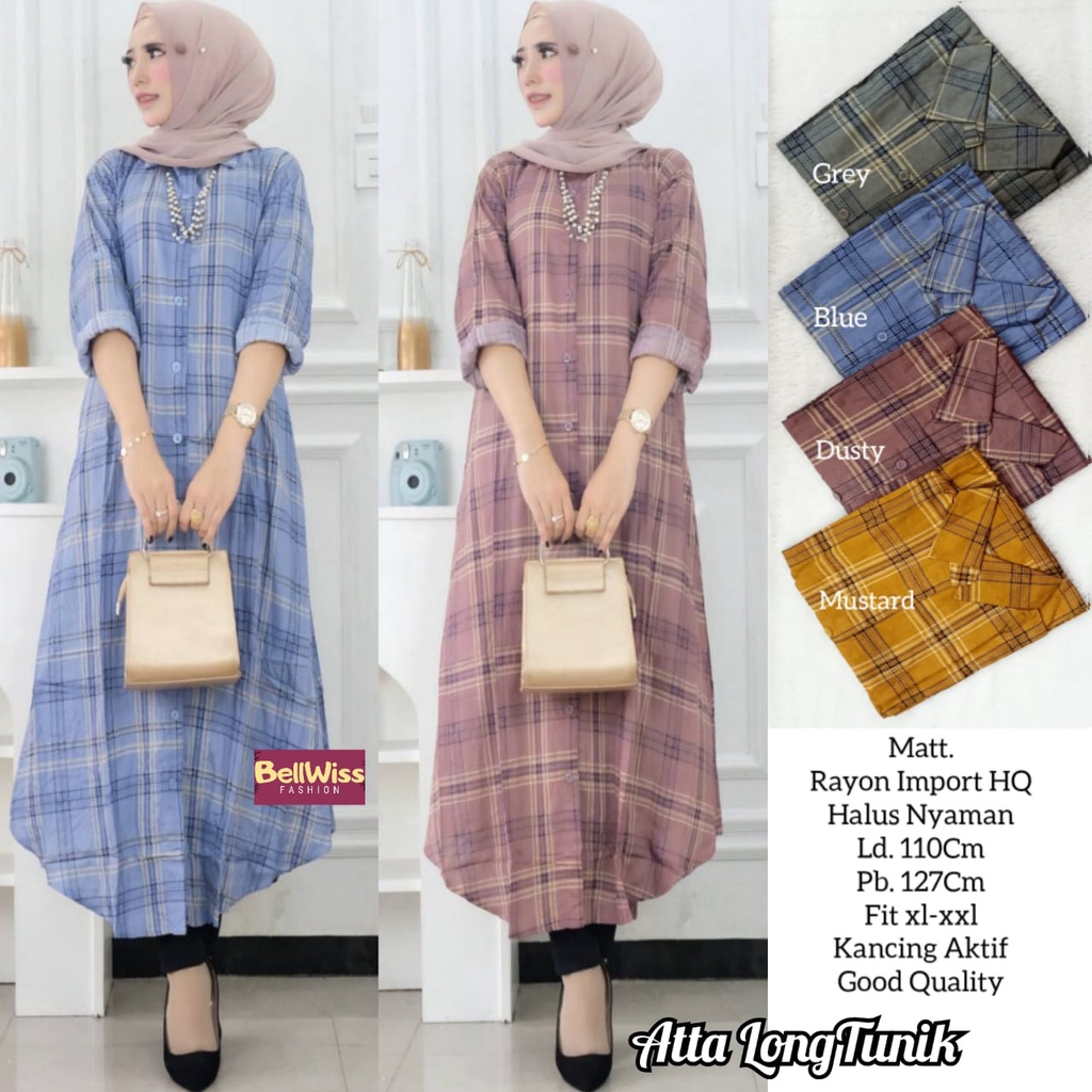 atta long tunik by bellwis ld 110 allsize fit xl-xxl busui long tunik bahan rayon import motif kotak