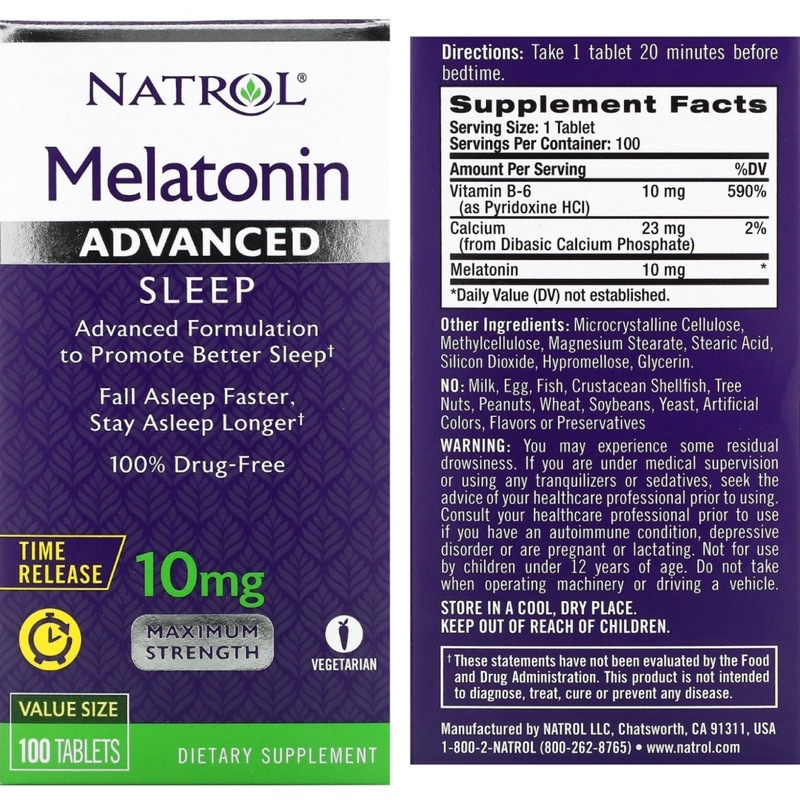Natrol Melatonin 10 mg advanced sleep 100 tablet obat insomnia
