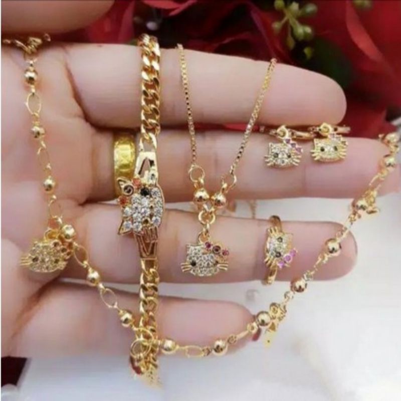 PERHIASAN ANAK SATU SET KALUNG+ANTING+GELANGTANGAN+KAKI+CINCIN HELLO KITTY