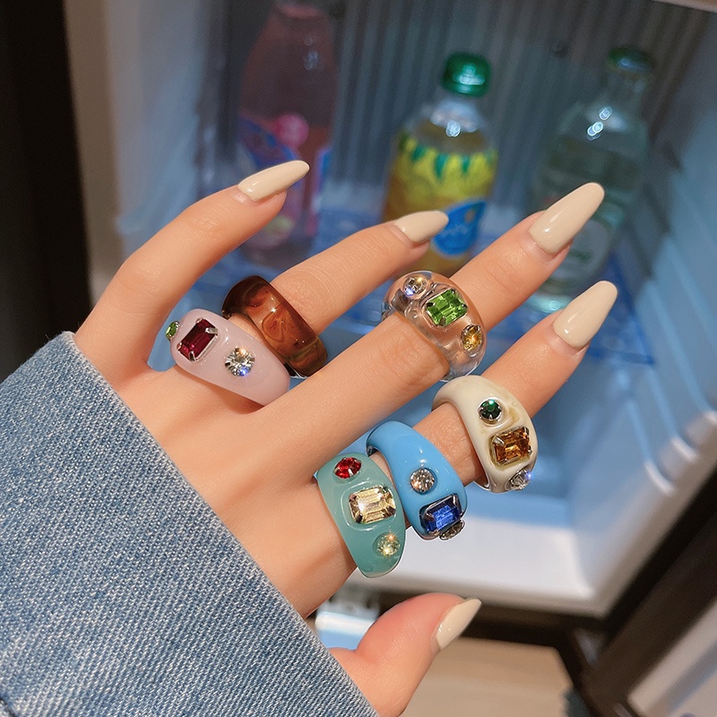 YEEZII Korean Retro Colourful Resin Acrylic Rhinestone Geometric Rings Women Jewelry Gifts