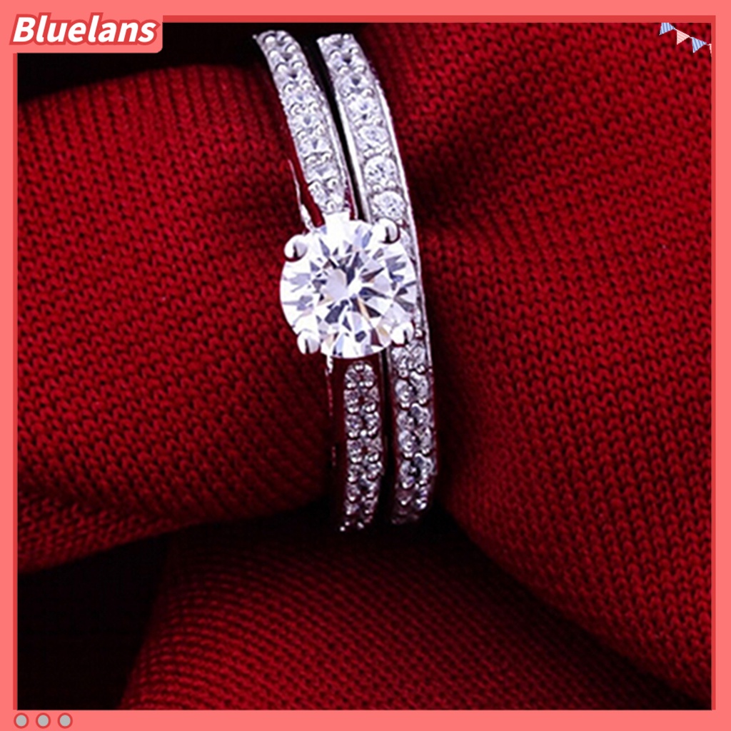 Bluelans 2Pcs Ring Shiny Cubic Zirconia Plated Silver Romantic Couple Finger Ring