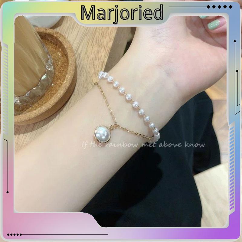 Fashion Korea Wanita Temperamen Manis Gelang Aksesoris Perhiasan Gelang Mutiara Ganda Sederhana-MJD