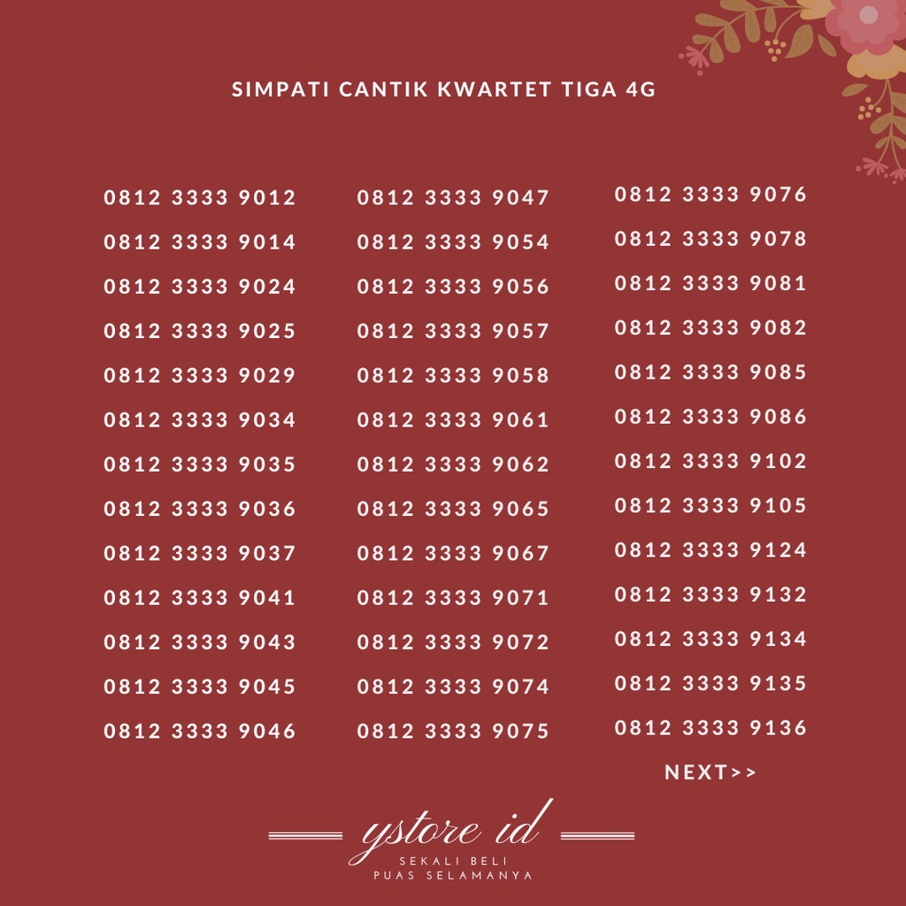 Angka Rapi | KWARTET 3 KARTU PERDANA TELKOMSEL 4G NO CANTIK TELKOMSEL NOMER SERI BELAKANG 3333 3333