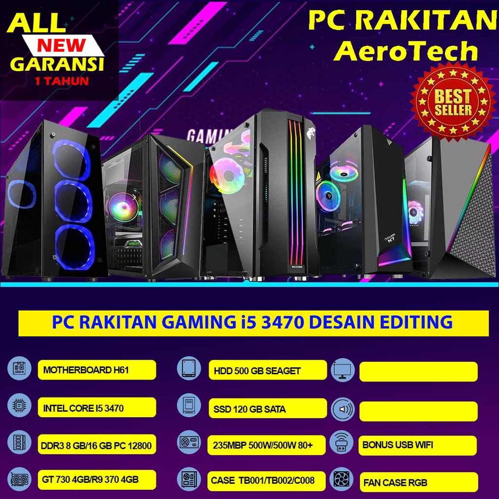 PC RAKITAN GAMING CORE I5 3470 | RAM 16 GB  | VGA 8 GB DDR5 | SSD 128 GB | HDD 500 GB | LED 24 INCH EDITING DESAIN RENDERING