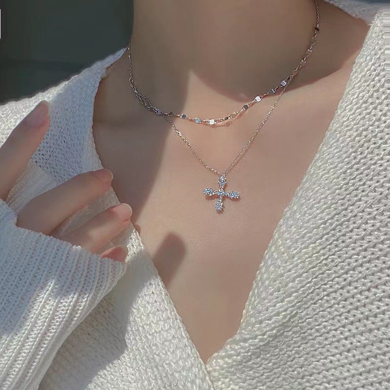 Kalung Rantai Klavikula Model double diamond cross Untuk Wanita