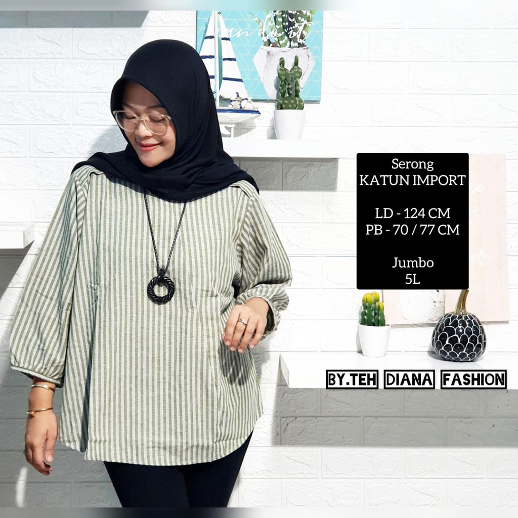 Atasan Wanita Jumbo / Blouse Wanita Jumbo / Baju Atasan Wanita Jumbo Serong Salur Import LD= 124 Cm-Army Salur Kecil