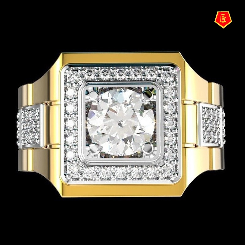 [Ready Stock]Men's Moissanite Watch Shape Ring Gold Two-Tone