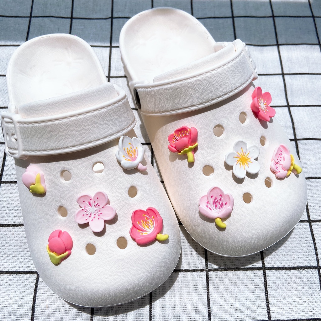 10pcs Charms Sandal Crocs Jibz Untuk Aksesoris Sepatu Wanita#Bunga sakura Tricolor