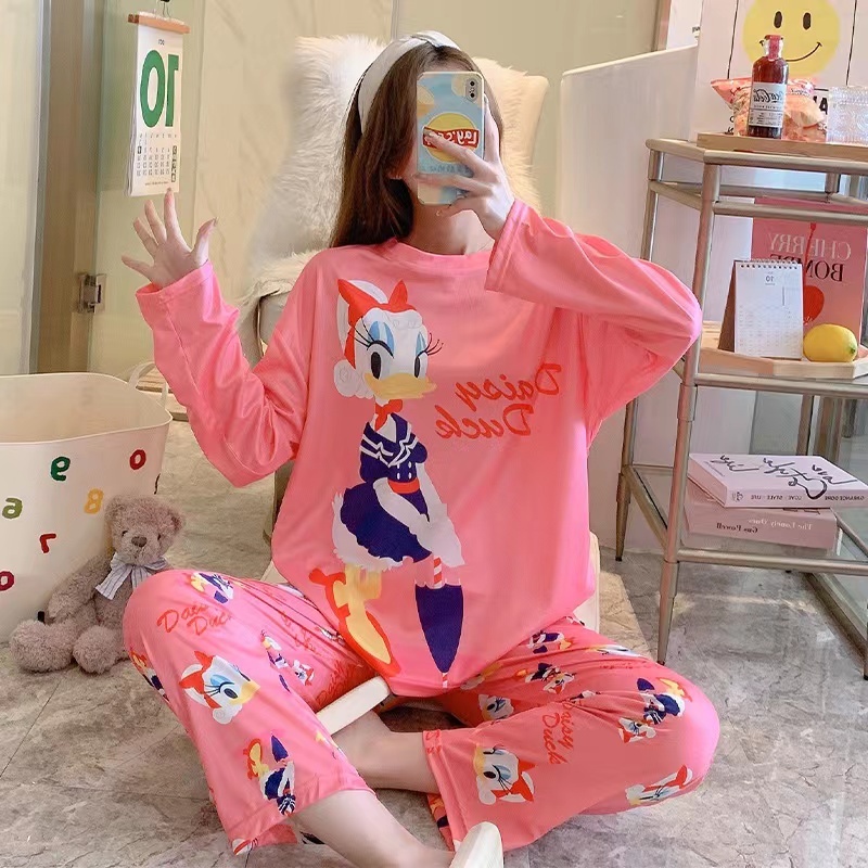 Setelan Piyama Oversize Bahan katun Adem Lengan Panjang Setelan Baju Tidur Wanita Oversize Piyama Pakaian Tidur Wanita Set Piyama Wanita Dewasa Motif Imut Karakter Kartun-Pink Daisy