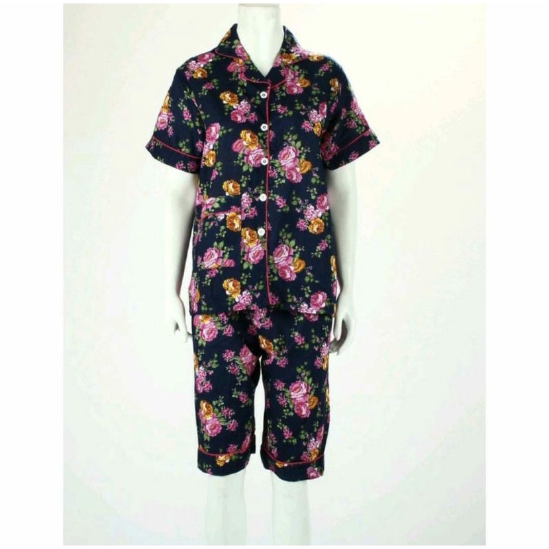 Baju Tidur Set Piyama Dewasa Lengan Pendek Celana 7/8 Katun Jepang Motif Flower Peony Fit to L
