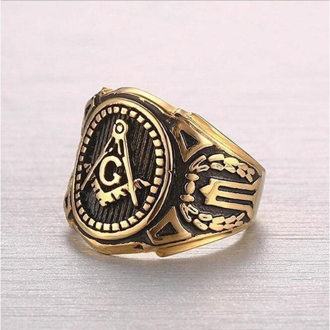 18rb Emas Freemason Baja Titanium Perak Pria Punk Perhiasan Fashion Masonik Cincin Rings