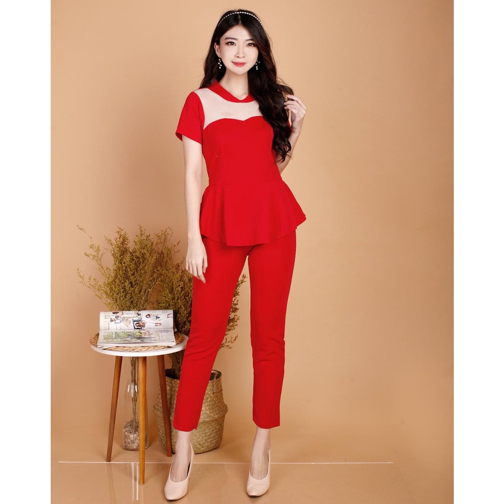 Fashion wanita #057, Jumpsuit pjg bhn scuba polos kombinasi tile