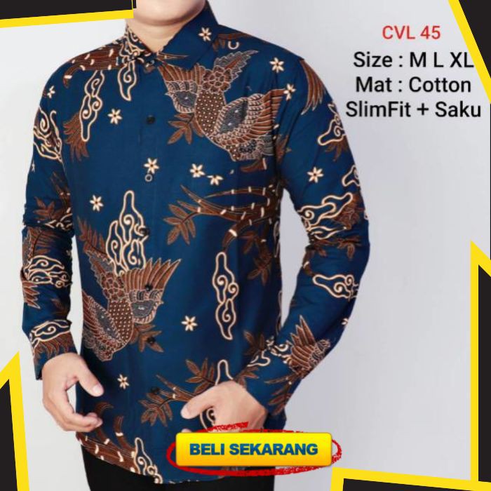 HEM BATIK PRIA SLIM FIT LENGAN PANJANG KEMEJA BATIK BIRU NAVY CVL45