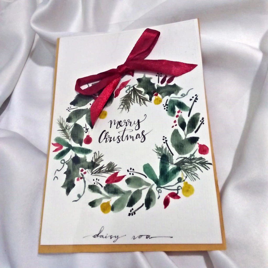 

Kartu Ucapan Natal Handmade Watercolor dengan pita
