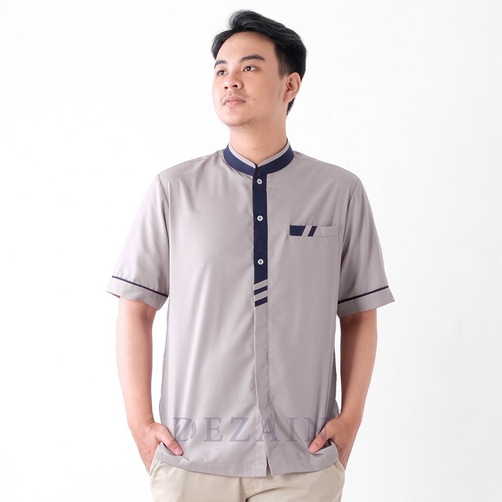 Koko Muslim Dezain Lengan Pendek KK2201 - Warna Abu Kombinasi Navy