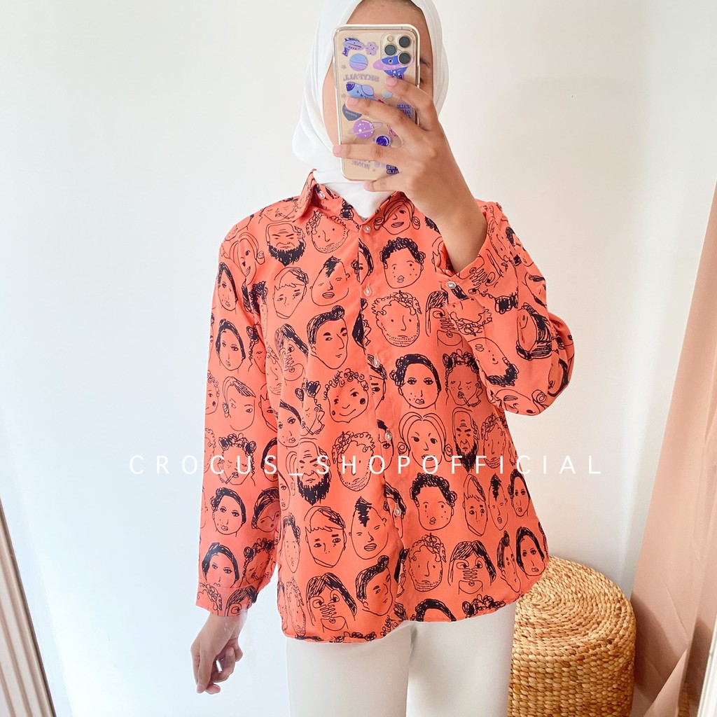 [ 𝐂𝐫𝐨𝐜𝐮𝐬 ] Kemeja wanita retro korea Face mix Wolfis-Face PJ - TERACOTA