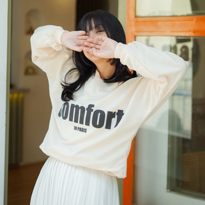 sweater comfort cream// crewneck wanita pria fleece murah