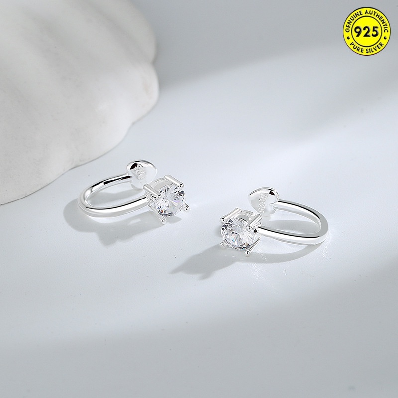 Anting Tusuk Sterling Silver 925 Simple Elegan Hias Berlian Imitasi Berkilau Untuk Wanita