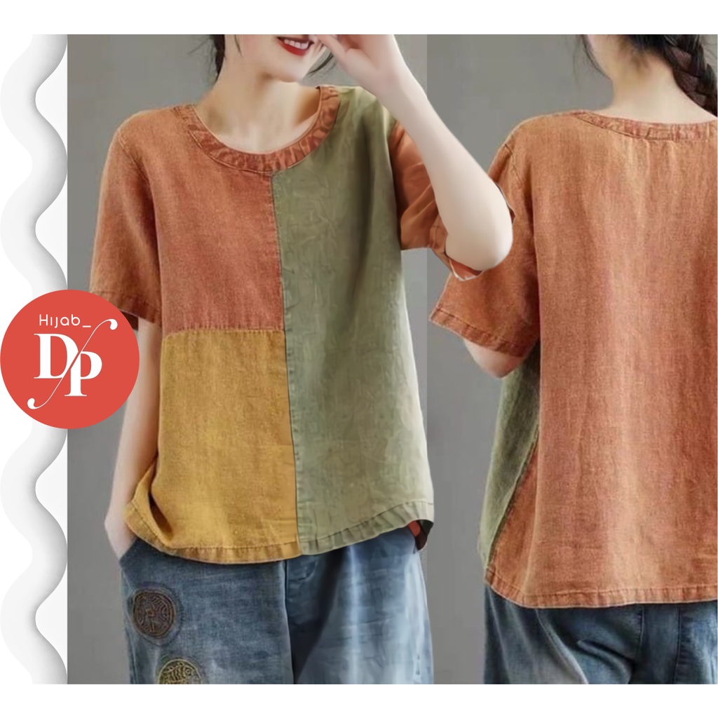 Baju Kaos Wanita Lengan Pendek Atasan Korean Style Wanita Bahan Linen