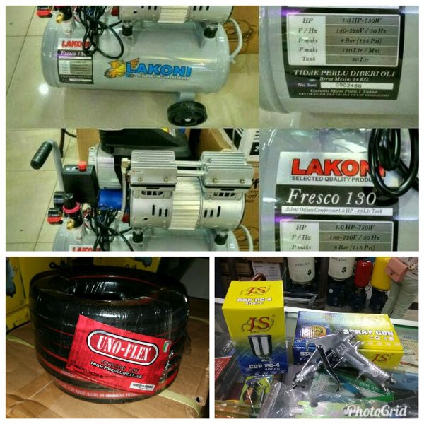 PAKET KOMPRESOR LAKONI FRESCO 130 SPRAY GUN F 75  KOMPRESOR SET CAT SPRAY GUN TABUNG ATAS