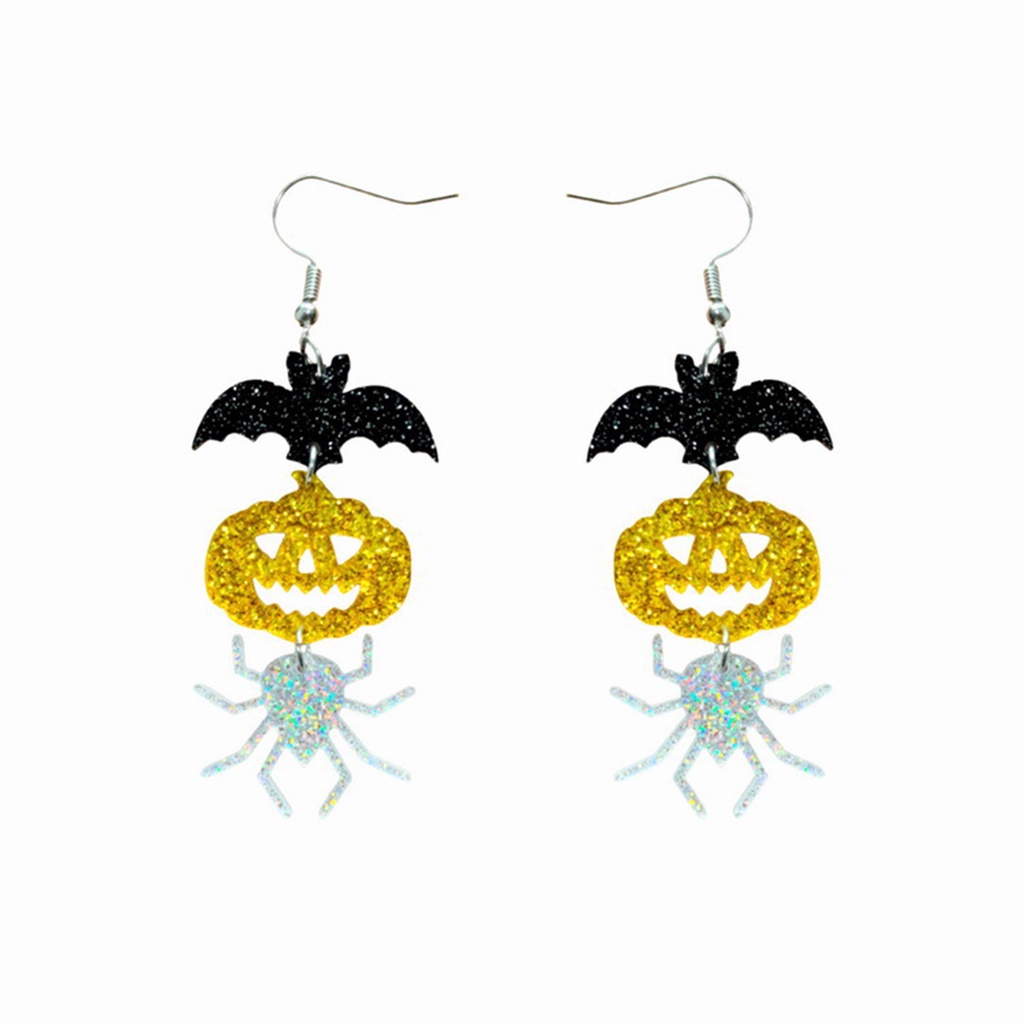 Hu Hu Hu Hu Hu Alat Bantu Pasang Kacamata♡ 1 Pasang Anting Kait Panjang Bentuk Kelelawar Labu Laba-Laba Bahan Akrilik Glitter Untuk Pesta Halloween