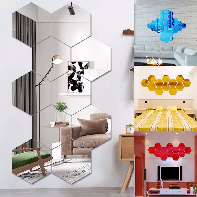  dekorasi  dinding 3D  Art Mirror Geometric Hexagon Stiker 