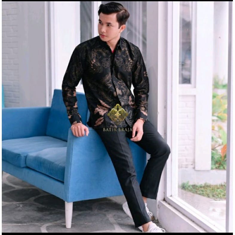 MAHKOTA SOGAN kemeja batik pria SLIMFIT lengan panjang lapis furing - batik pria lengan panjang premium FULL Furing jumbo modern anak muda  hitam abu abu