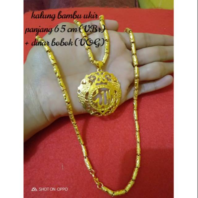 Kalung bambu ukir &amp; dinar bobok lapis emas 24 asli