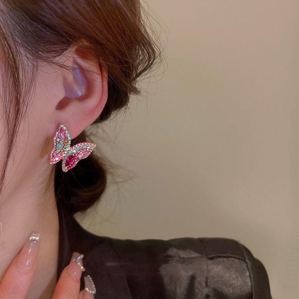 Mxbeauty Anting Wanita Mewah Fashion Kecil Merah Muda Warna-Warni Berlian Imitasi Fashion Perhiasan