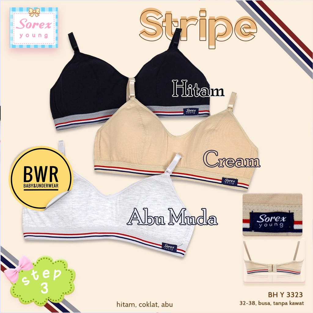 Bh Sorex Y3323 Y3324 Young | Bra Wanita Remaja Tanpa Busa Kawat Kait 2 / Bh Stripe Sport 3323 3324 | Bwr