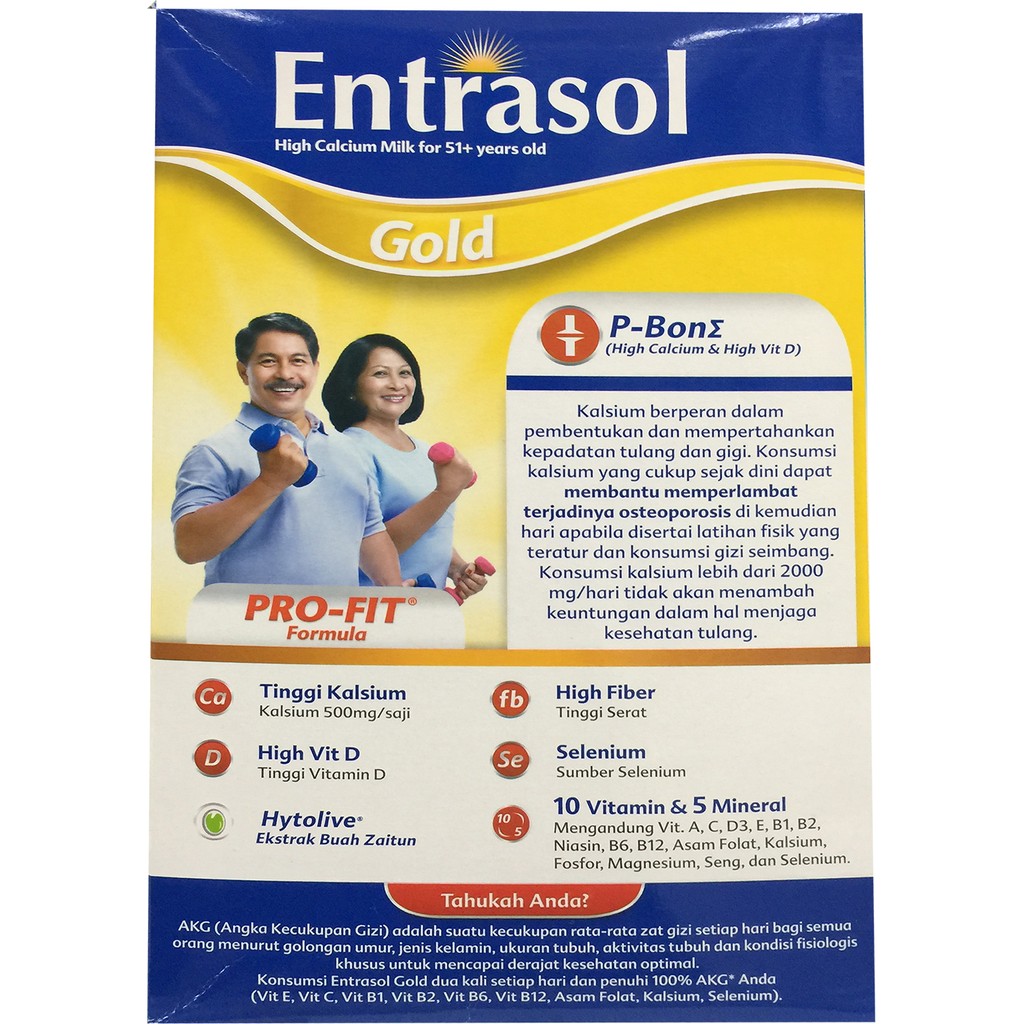 Susu Entrasol Gold High Kalsium untuk 51+ Plain 350g Rasa Plain dan Coklat