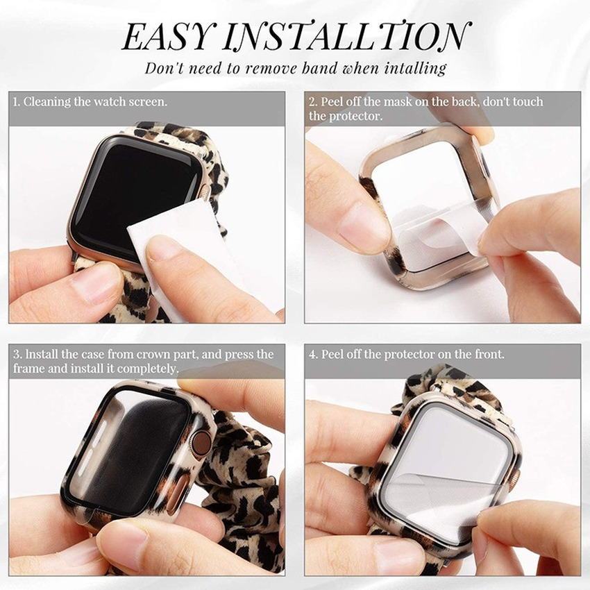 Newst Fashion Mewah Leopard Kaca+Case Untuk Apple Watch Series SE 6 5 4 3 2 1 IWatch 38MM 42MM 40MM 44MM Zebra PC Full Cover Screen Protector Kacamata Film Pelindung